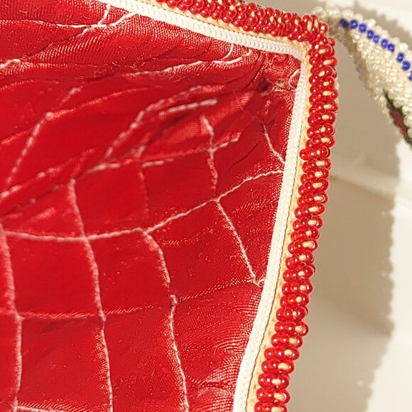 Vintage Beaded Purse Floral Heart Design Cream Red Beads Quilt Interior Zipper - Picture 9 of 16
